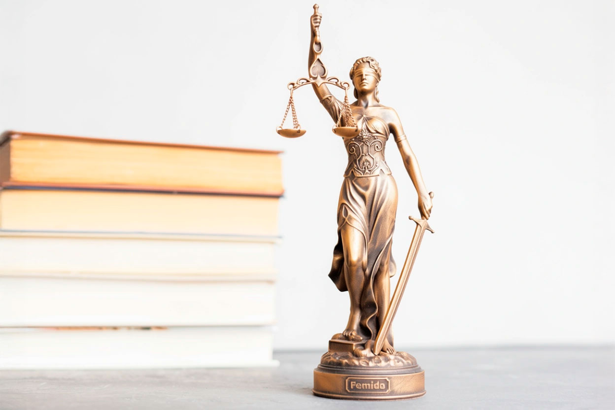 La figura femenina de la justicia con unos libros de fondo