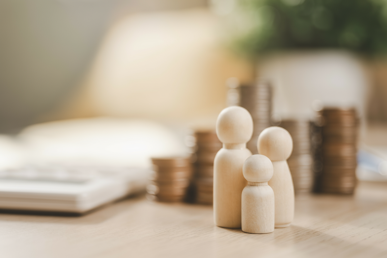 unas figuras de diferente tamaño, a modo de personas, con monedas de fondo